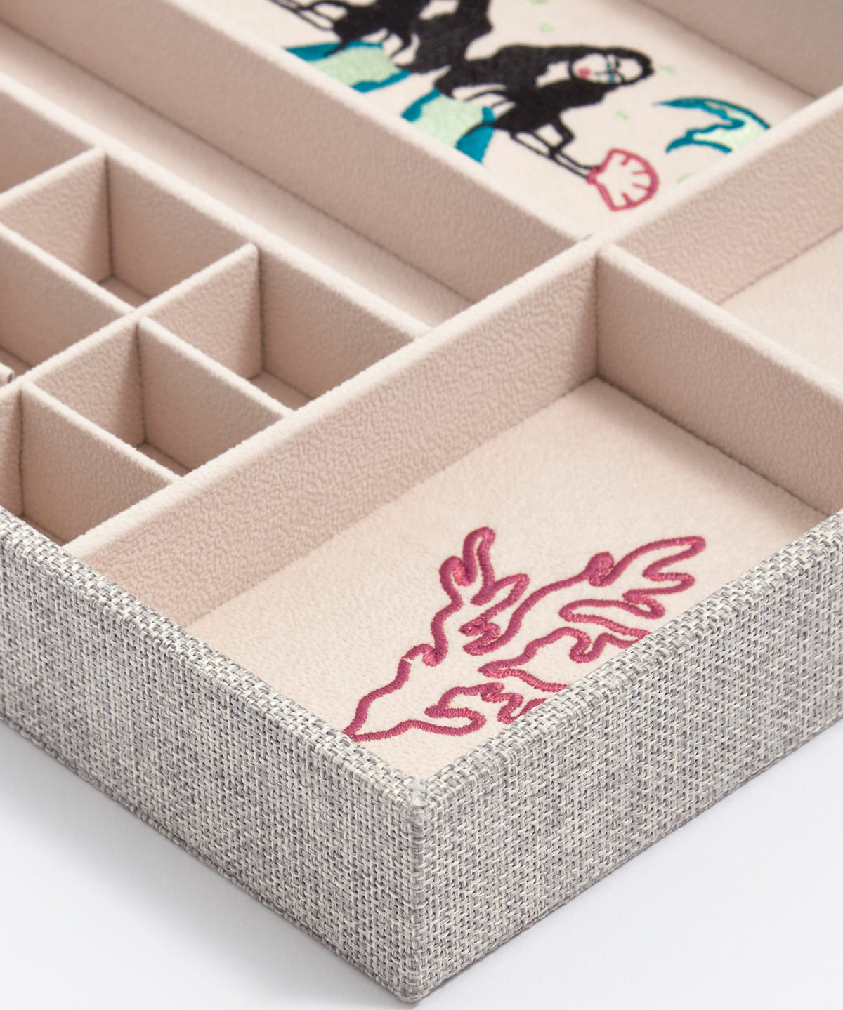 Close up coral embroidery detail and woven linen Kinship Press X Soru Treasures Jewellery Tray
