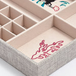 Close up coral embroidery detail and woven linen Kinship Press X Soru Treasures Jewellery Tray