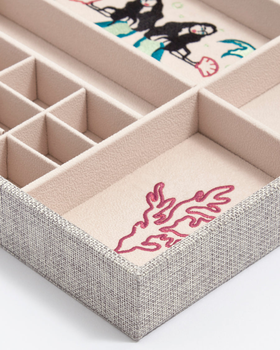 Close up coral embroidery detail and woven linen Kinship Press X Soru Treasures Jewellery Tray