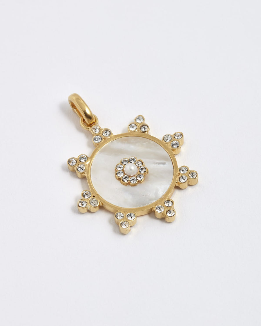 soru jewellery detachable mother of pearl circular charm made with gold plated silver and clear crystals
