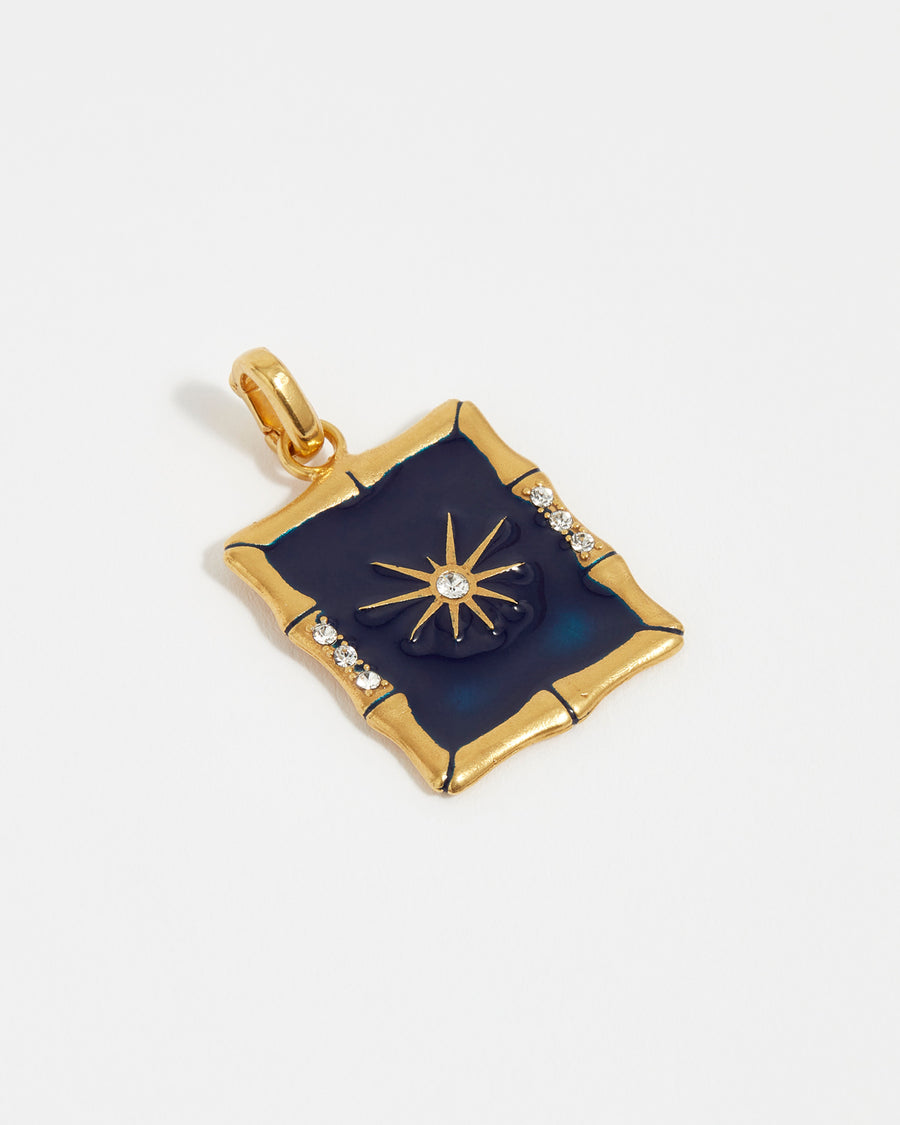 soru rectangular dark blue enamel interchangeable charm for a necklace with a  starburst and clear crystal centre and a bamboo shaped boarder, made from gold plates silver