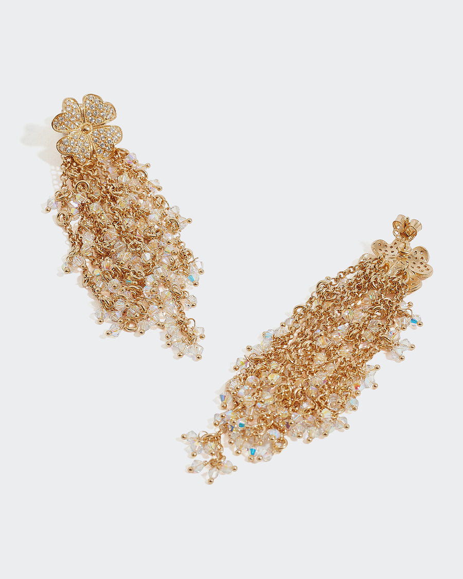 Soru Jewellery clover top earrings with multi strands of crystals. Back image 