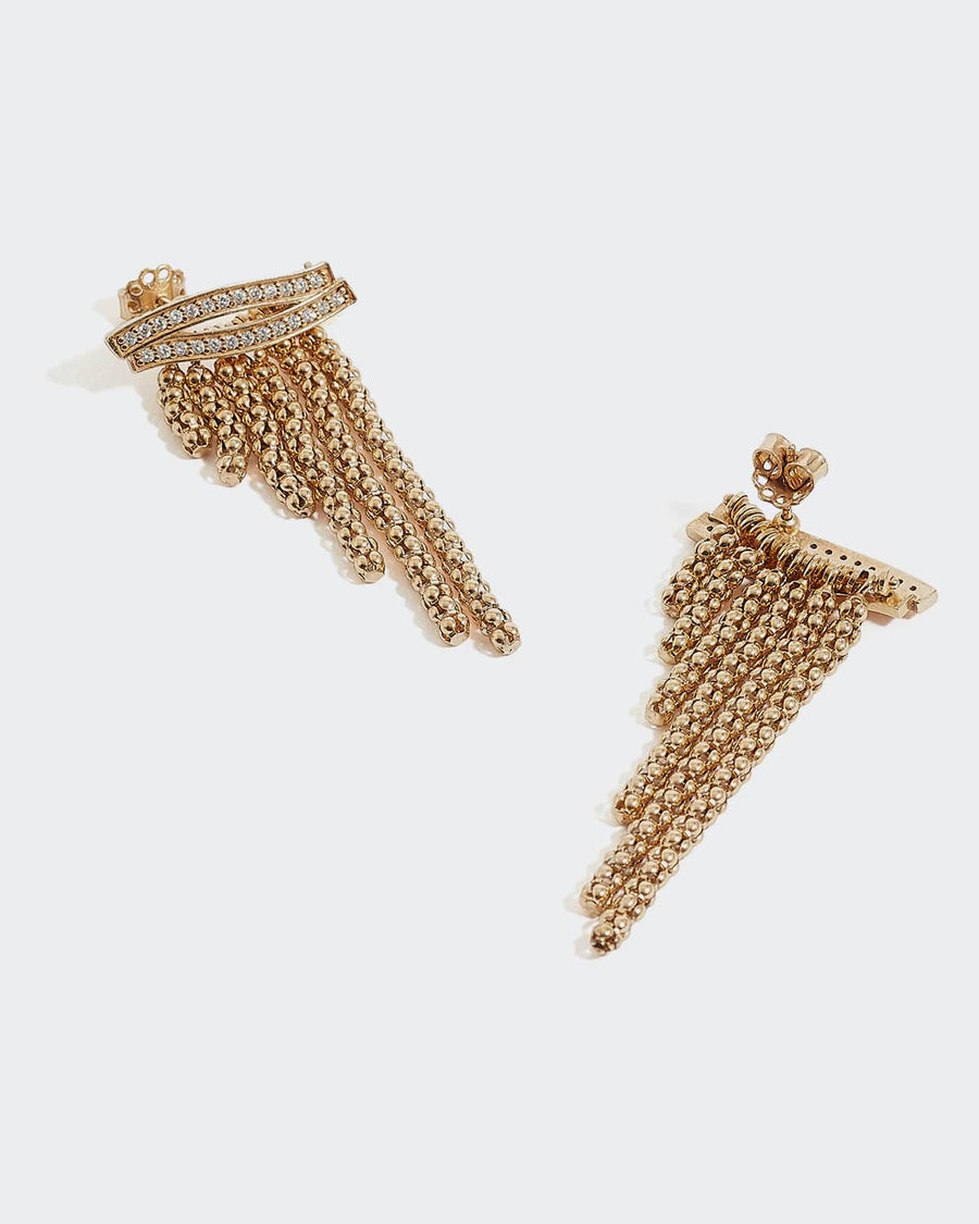 soru earrings with graduated gold strand a a crystal bar top section, made from 24ct gold pated silver