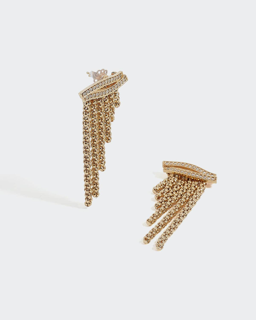 soru earrings with graduated gold strand a a crystal bar top section, made from 24ct gold pated silver 