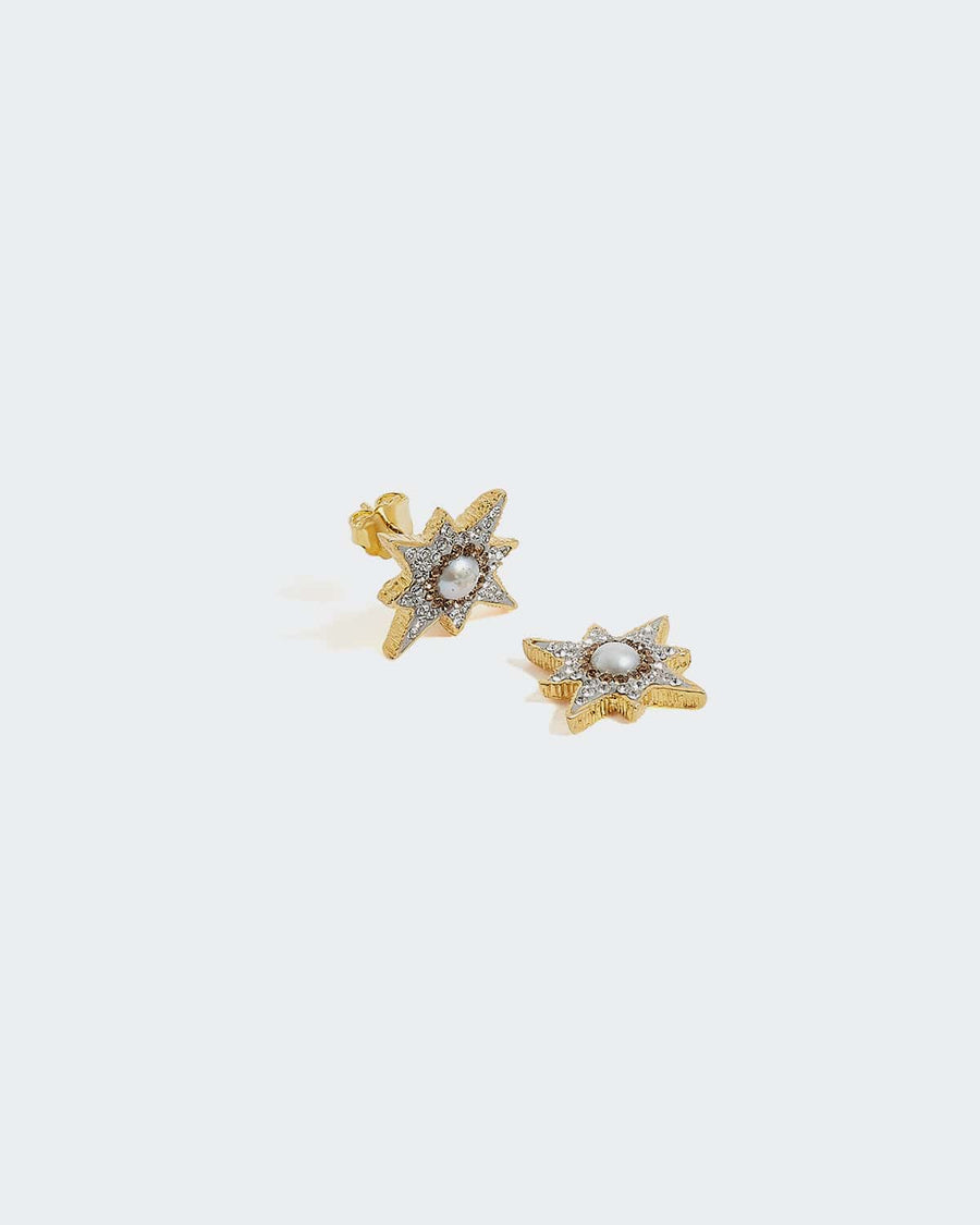 soru supernove star shaped stud earrings woth pearl centre and surrounded by crystals made with gold plated silver