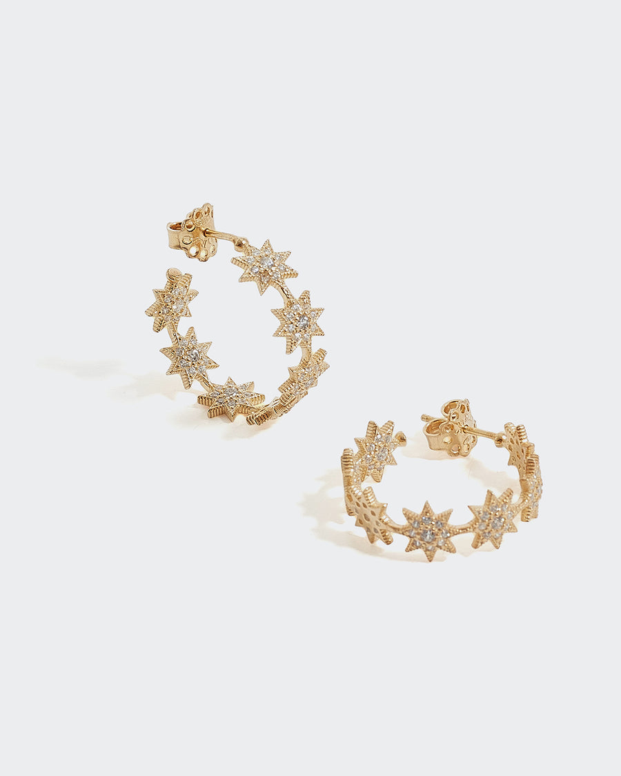 soru cosmic star small hoop earrings  with clear crystals and gold plated silver