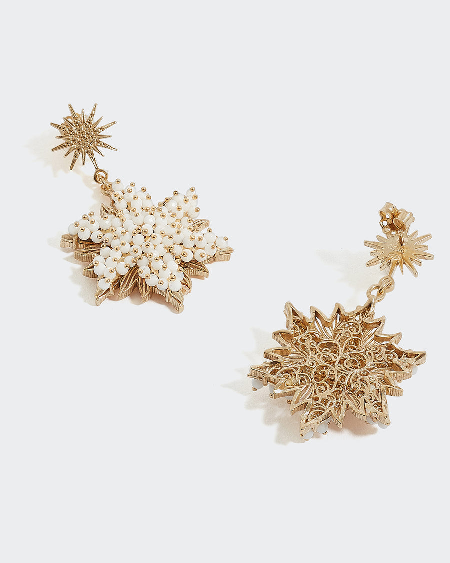 Soru white agate beaded snowflake shaped earrings with a star top pin, made with gold plated silver