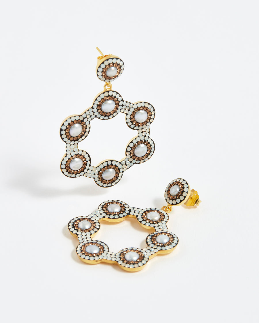 Soru Jewellery Baroque pearl and opal crystal hoop earrings on gold plated silver 