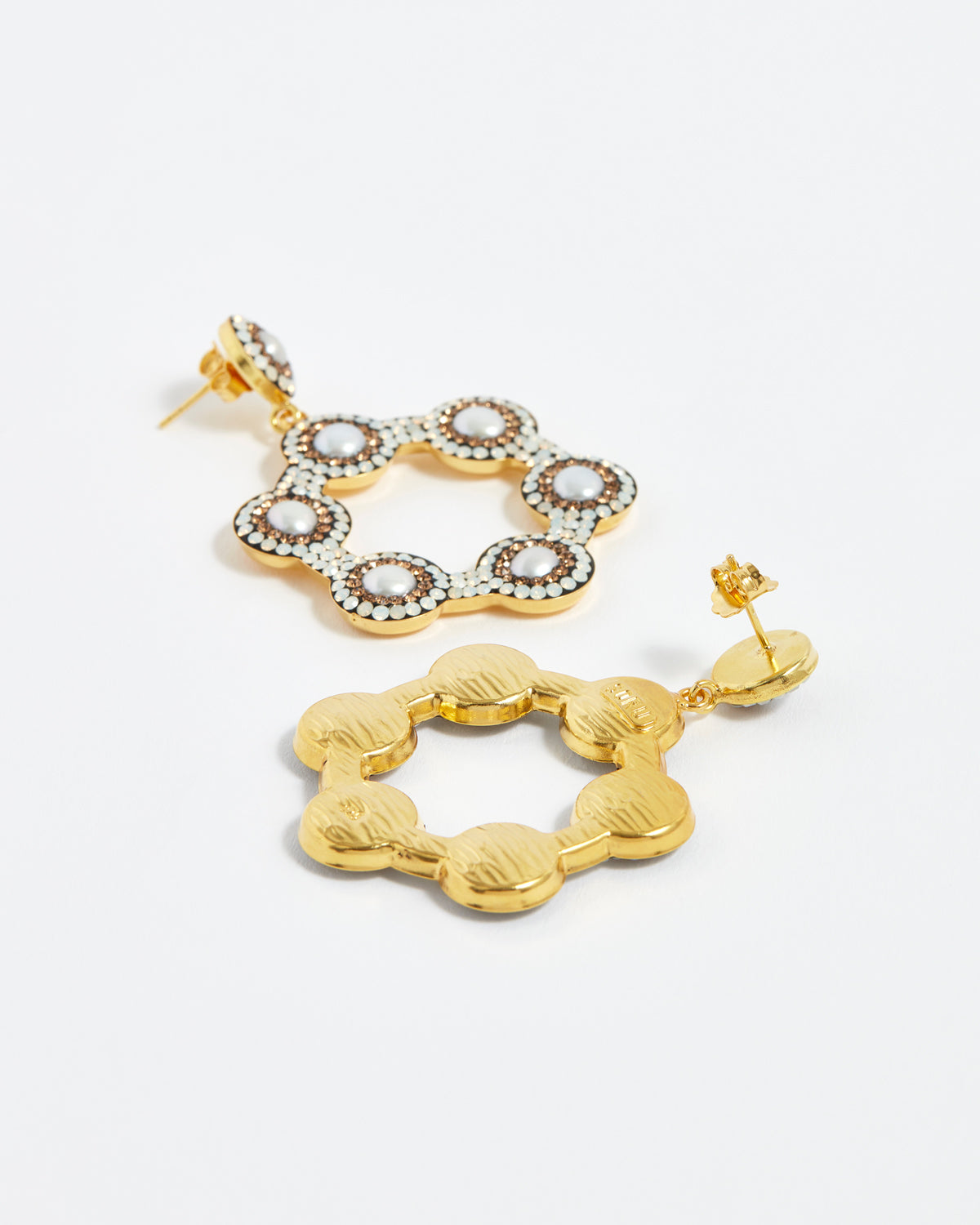 Soru Jewellery Baroque pearl and opal crystal hoop earrings on gold plated silver 