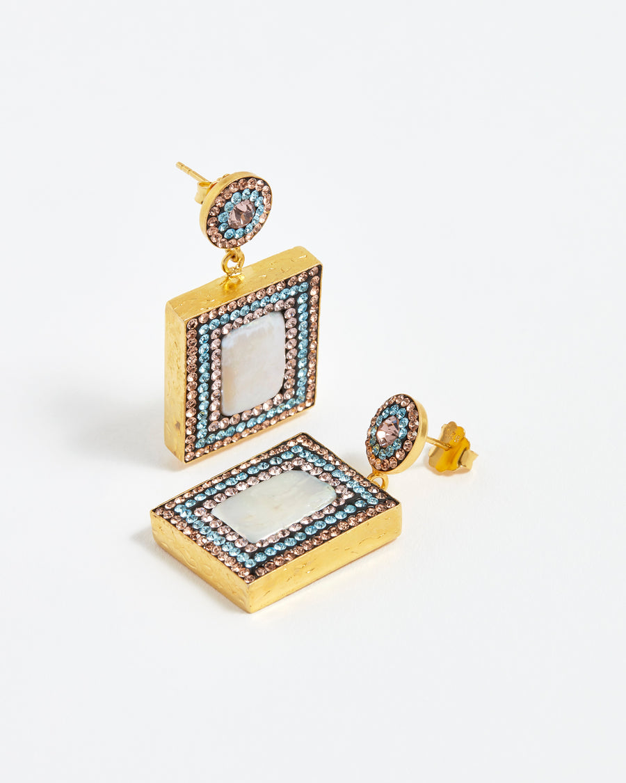 Soru jewellery gold pearl square earrings embellished with pastel blue and pink crystals