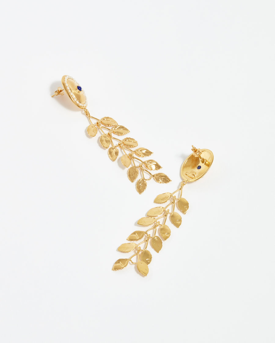soru jewellery gold laurel leaf earrings with pearl embellishment