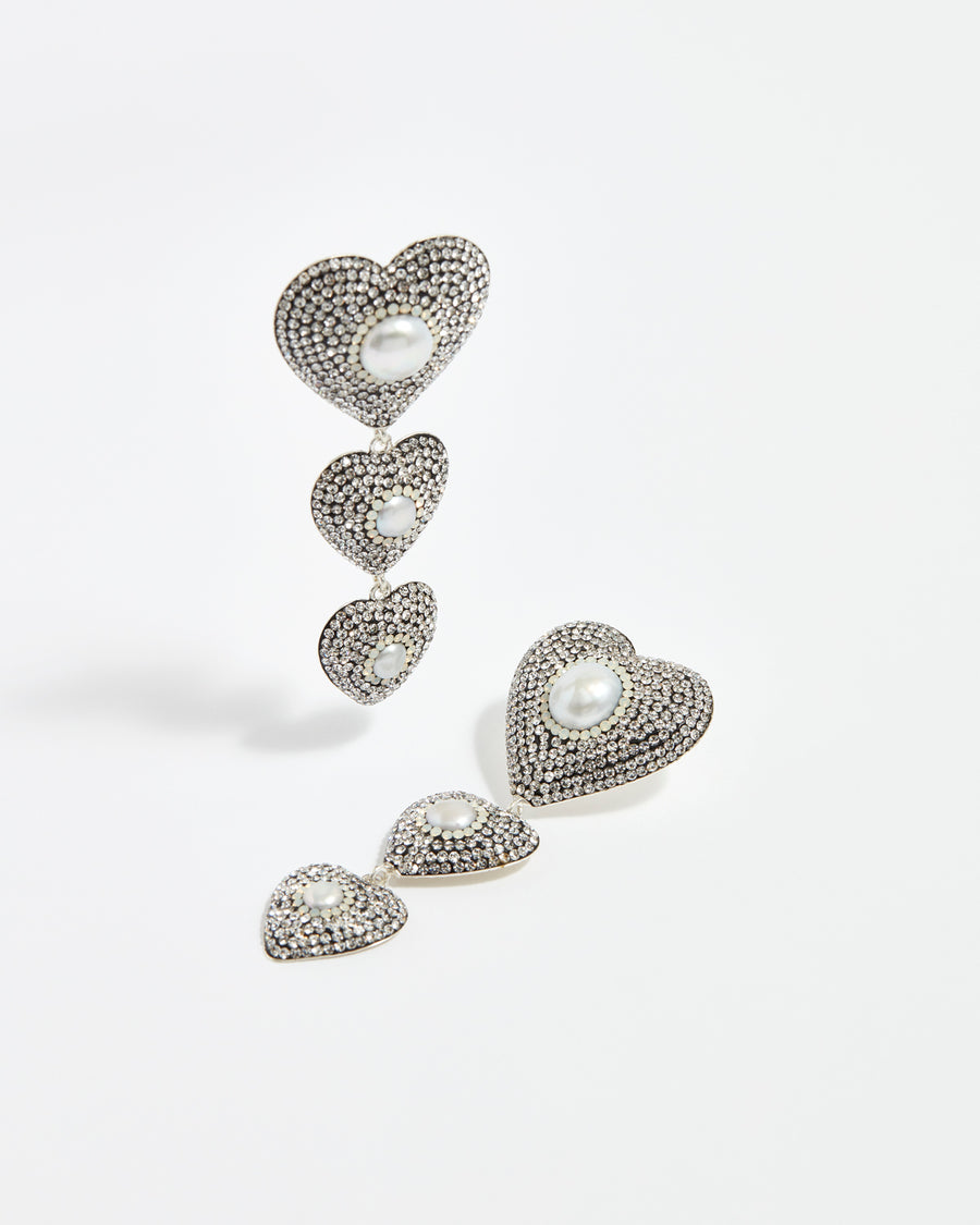 Soru jewellery silver crystal embellished linear heart earrings