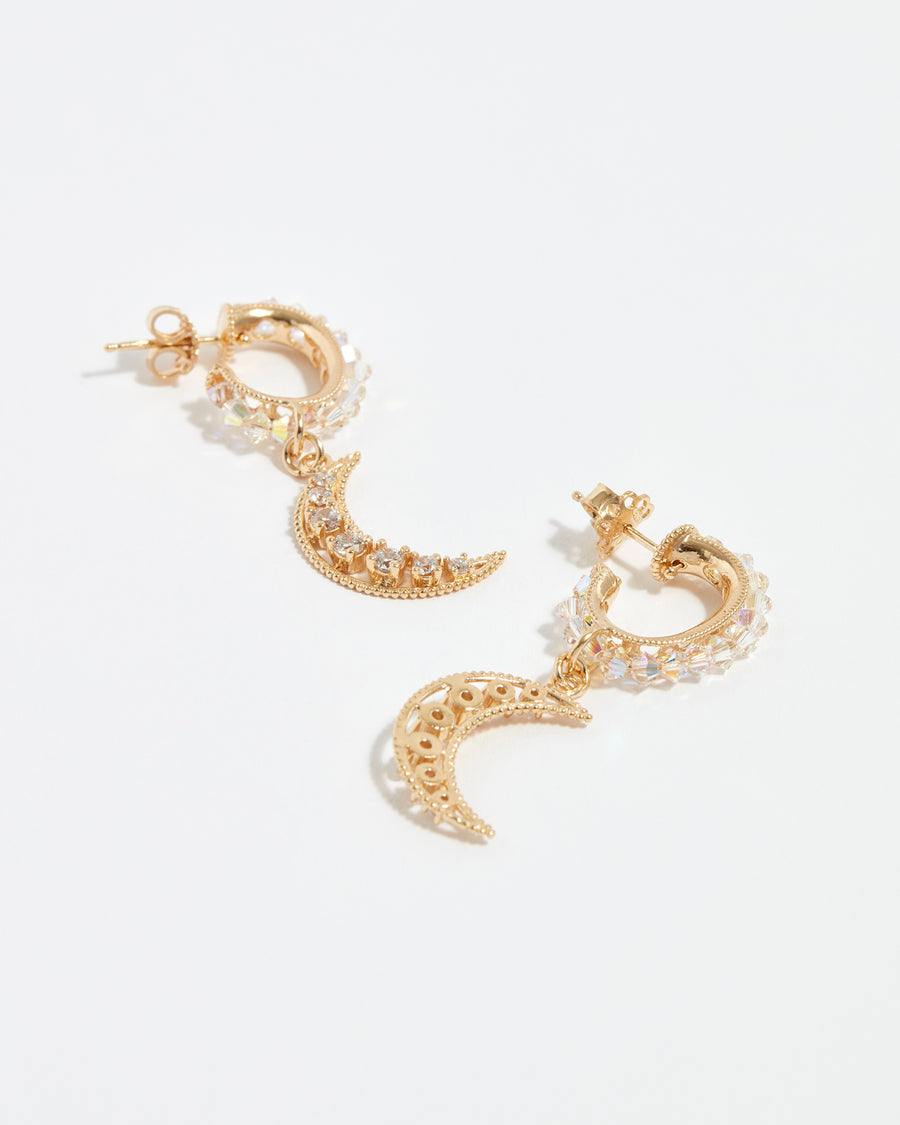 Soru jewellery gold earrings, clear crystal embellished mini hoop with moon charms