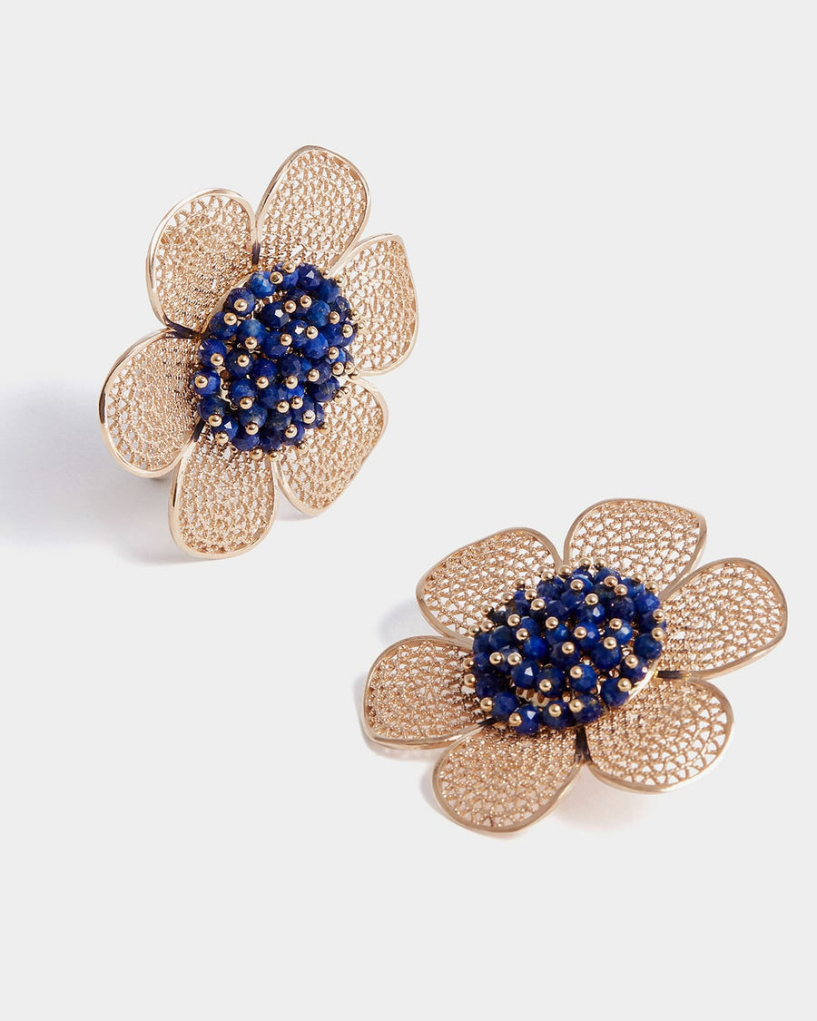 something navy x soru large navy flower stud earrings with blue beads set in 24ct gold plated silver