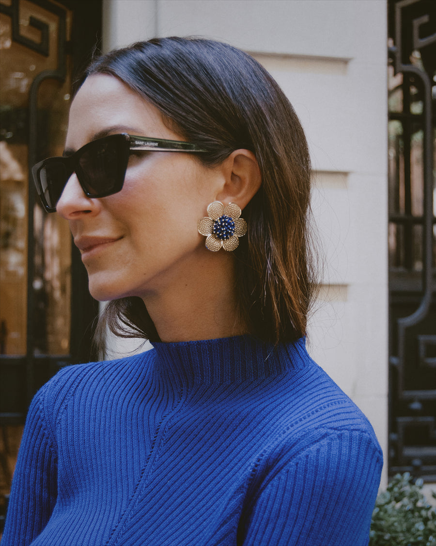 arielle charnas in something navy x soru large navy flower stud earrings with blue beads set in 24ct gold plated silver