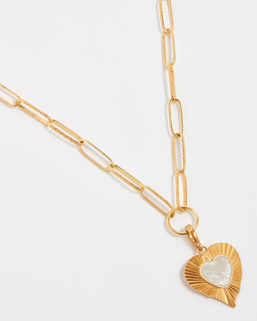 soru jewellery textured gold and enamel heart charm. Clip on charm. View attached to chain 