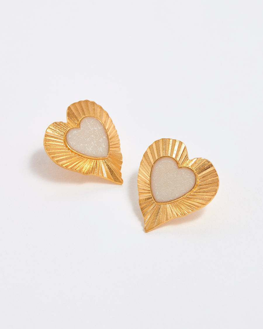 soru jewellery gold concertina heart shaped studs with white enamel centre