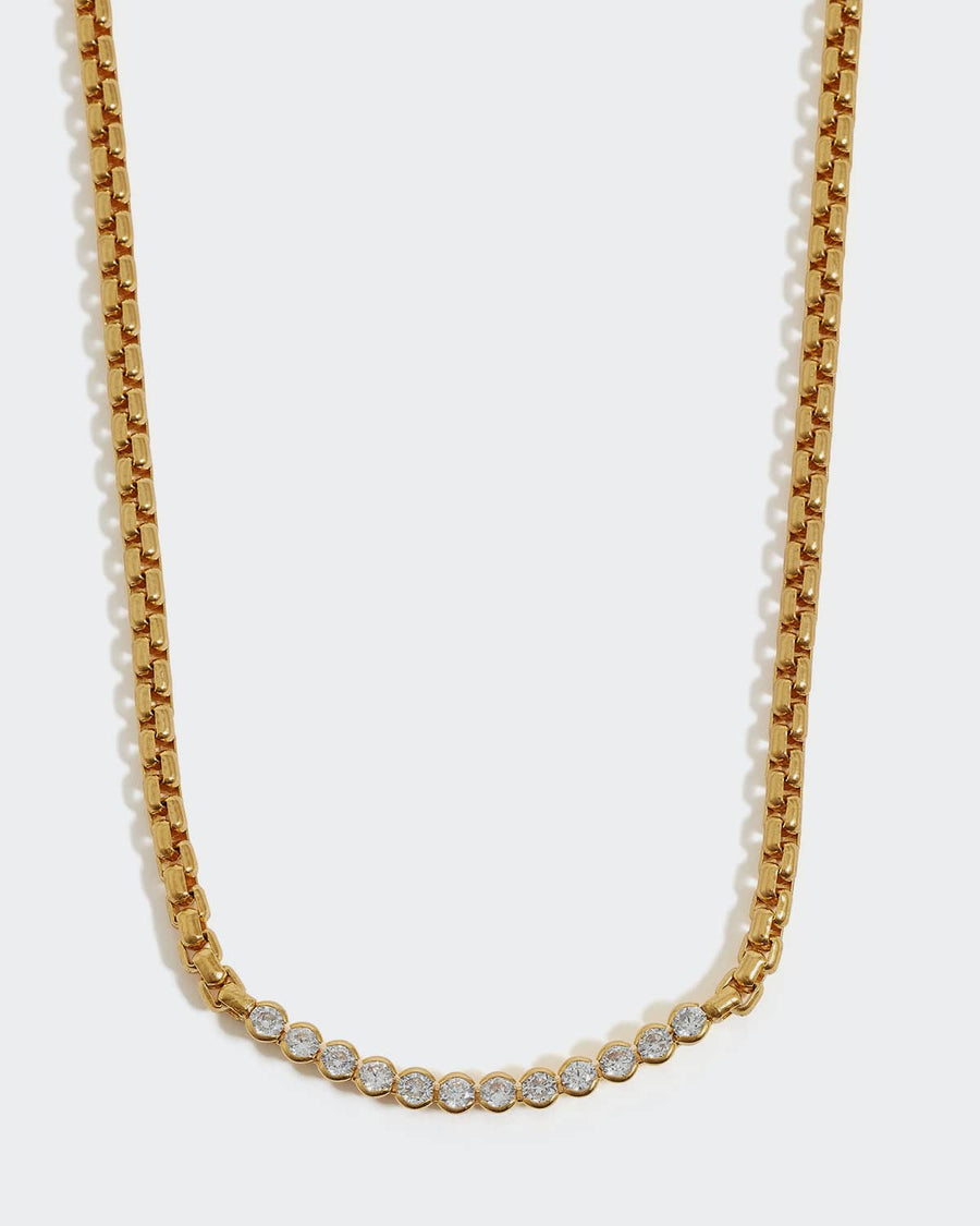 soru gold cylinder link chain with clear crystals se in gold plated silver