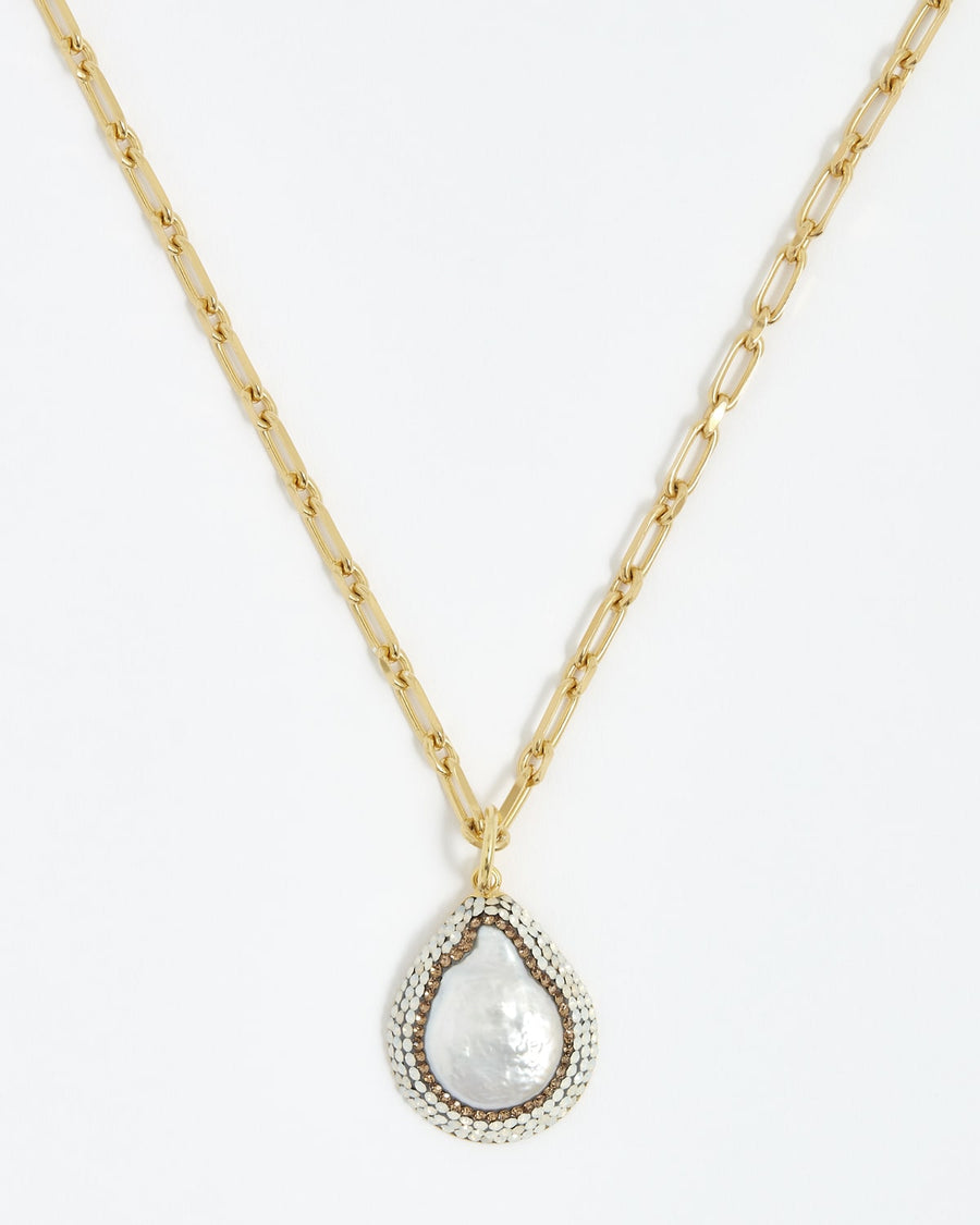 soru jewellery baroque pearl pendant necklace, gold chunky chain with opal Swarovski crystals 
