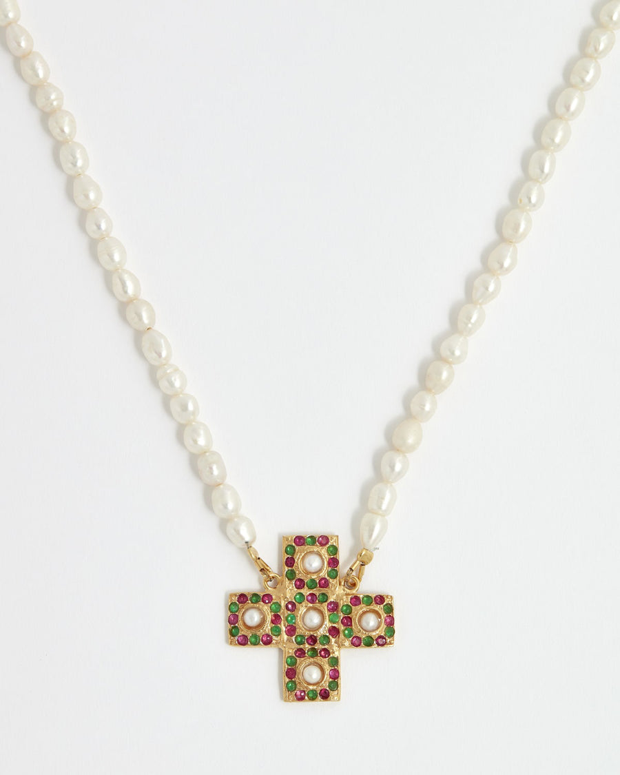 SORU JEWELLERY CATANIA PEARL AND MULTI COLOURED CRYSTAL EMBELLISHED CROSS NECKLACE
