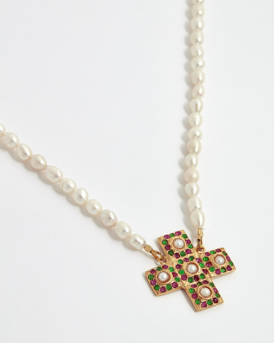 SORU JEWELLERY CATANIA PEARL AND MULTI COLOURED CRYSTAL EMBELLISHED CROSS NECKLACE