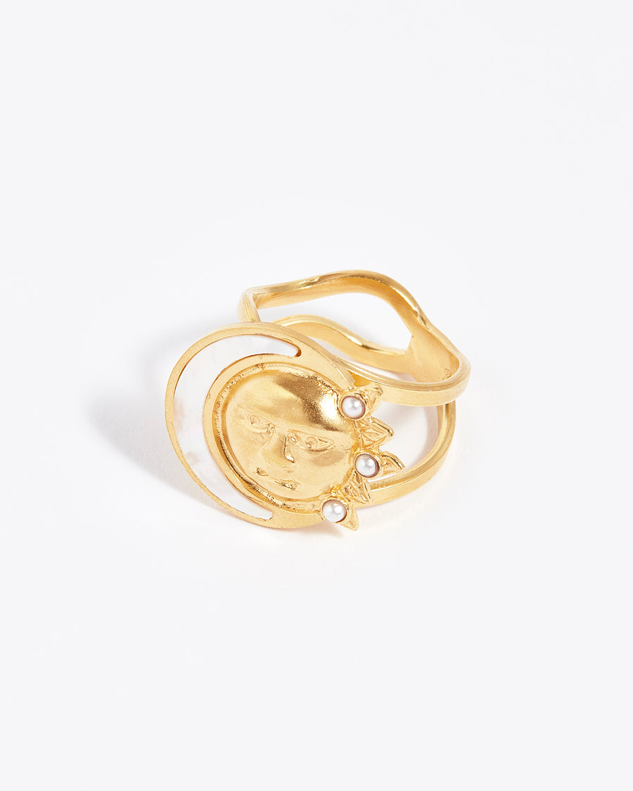 soru jewellery gold sun and mother of pearl moon, day and night adjustable gold ring