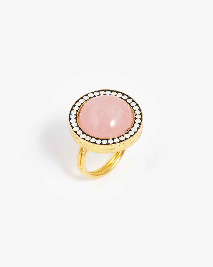 soru jewellery pink rose quarts round adjustable ring with opal crystals surround