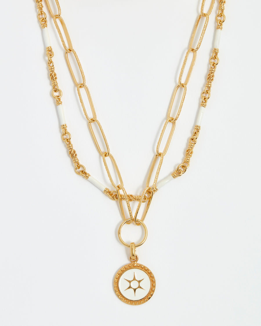 Lavinia Charm Chain Necklace Coin White Enamel Sun Gold Plated Handmade Set