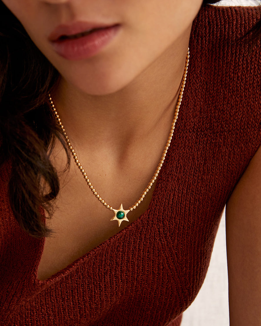 soru malachite star solid silver gold plated necklace with beaded gold chain