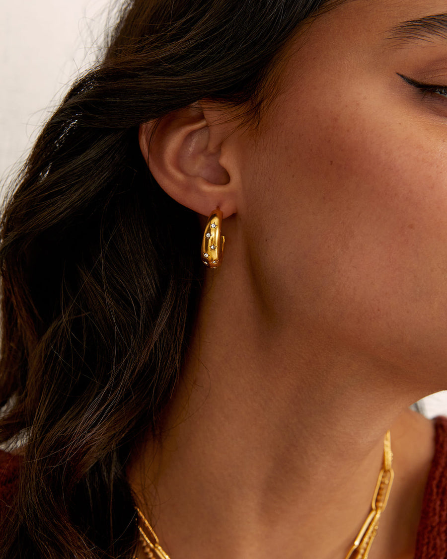 SORU SMALL GOLD HOOP EARRING WITH CLEAR CRYSAL STARS ETCHED INTO THE GOLD PLATED SILVER