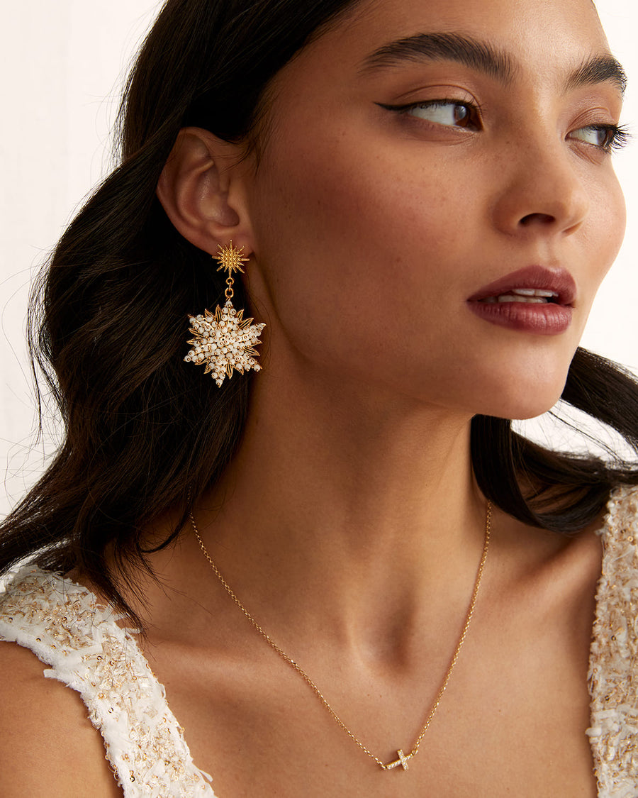 soru white agate beaded snowflake shaped earrings with a star top pin, made with gold plated silver