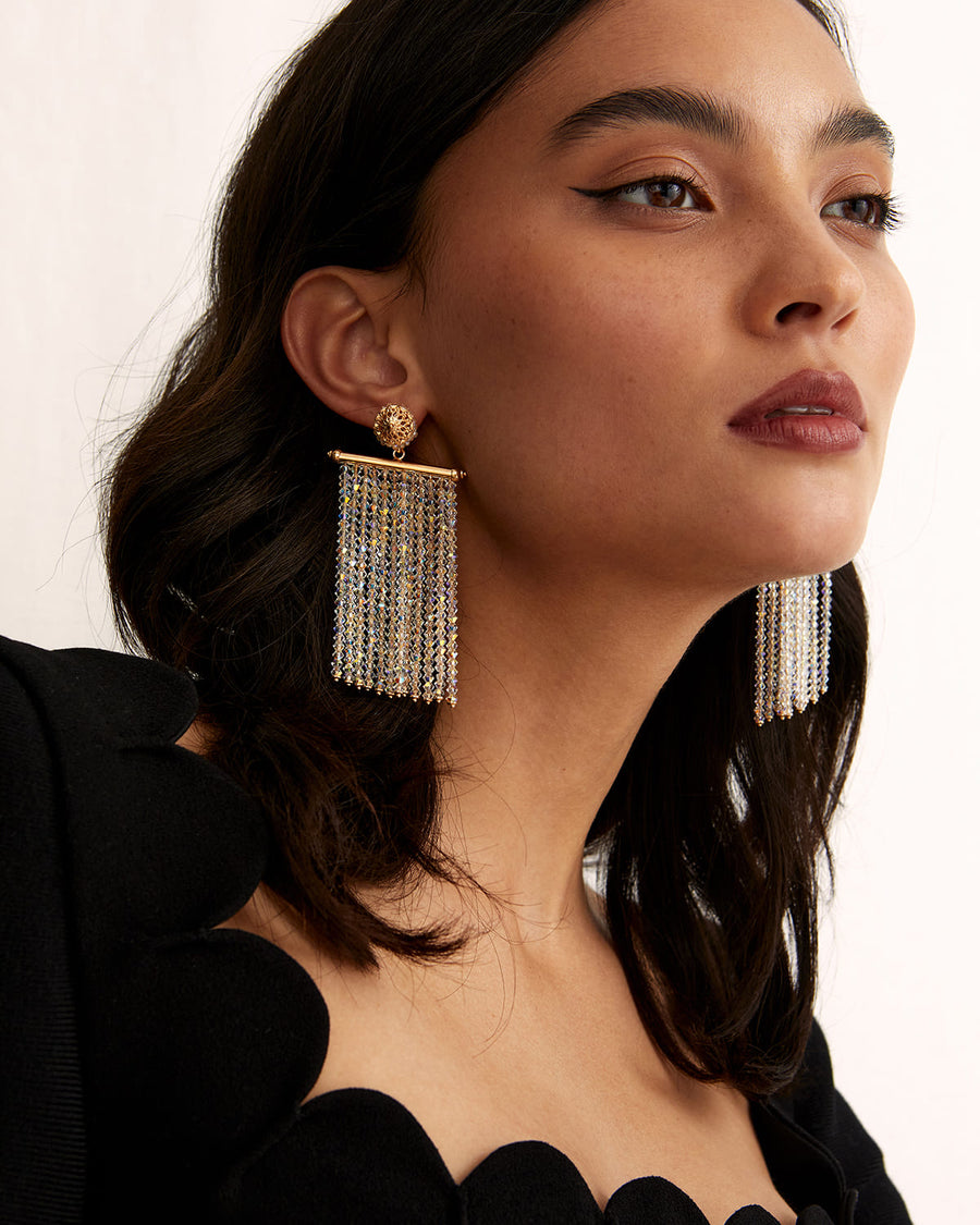 soru sparkly crystal strand statement earrings in 24ct gold plated silver model image 