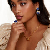 SORU JEWELLERY BLUE LAPIS SQUARE DOUBLE DROP EARRINGS SURROUNDED BY OPAL CRYSTALS