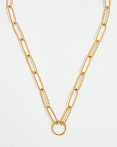 A gold-plated silver chain necklace with a round central hoop and textured interlinking chains.