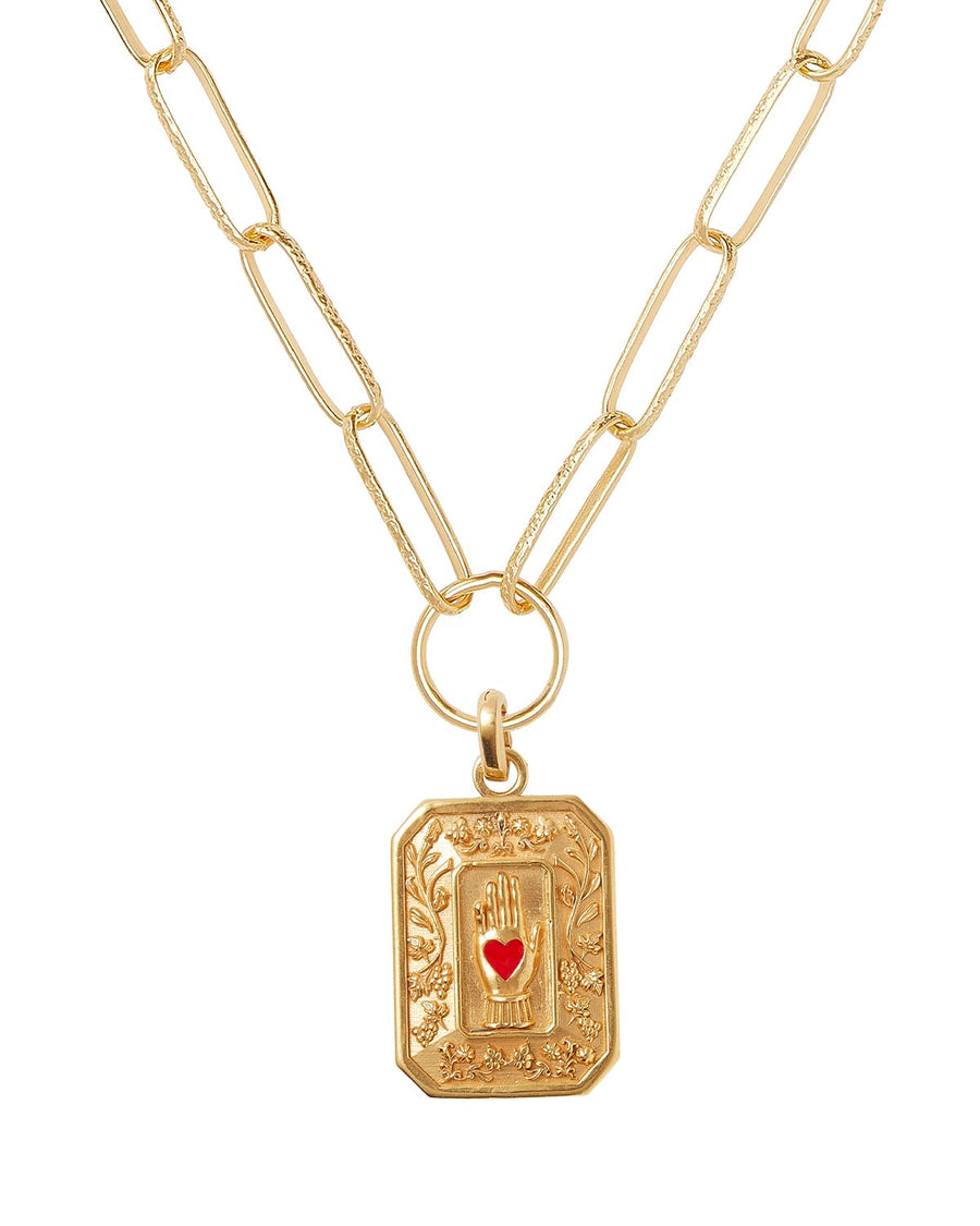 Soru Jewellery gold vintage style charm showing a red enamel heart in hand